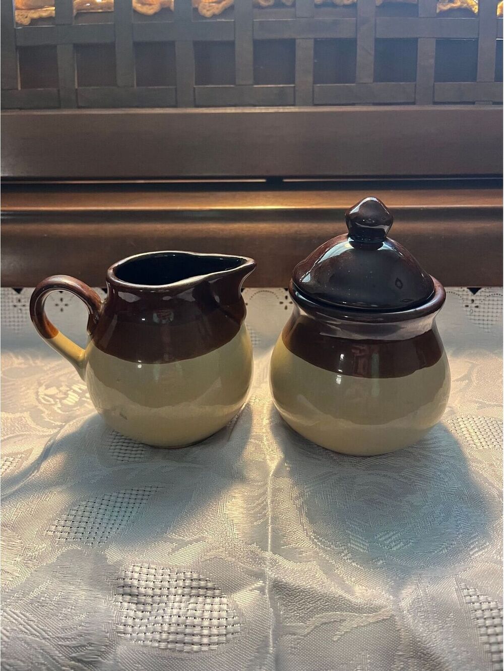 B2. Vintage Brown/Tan Creamer & Sugar Pottery Crocks